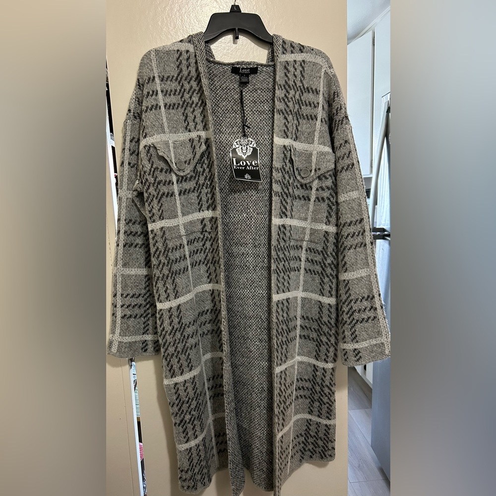 Love Ever After Plaid Open Front Hooded Sweater Cardigan